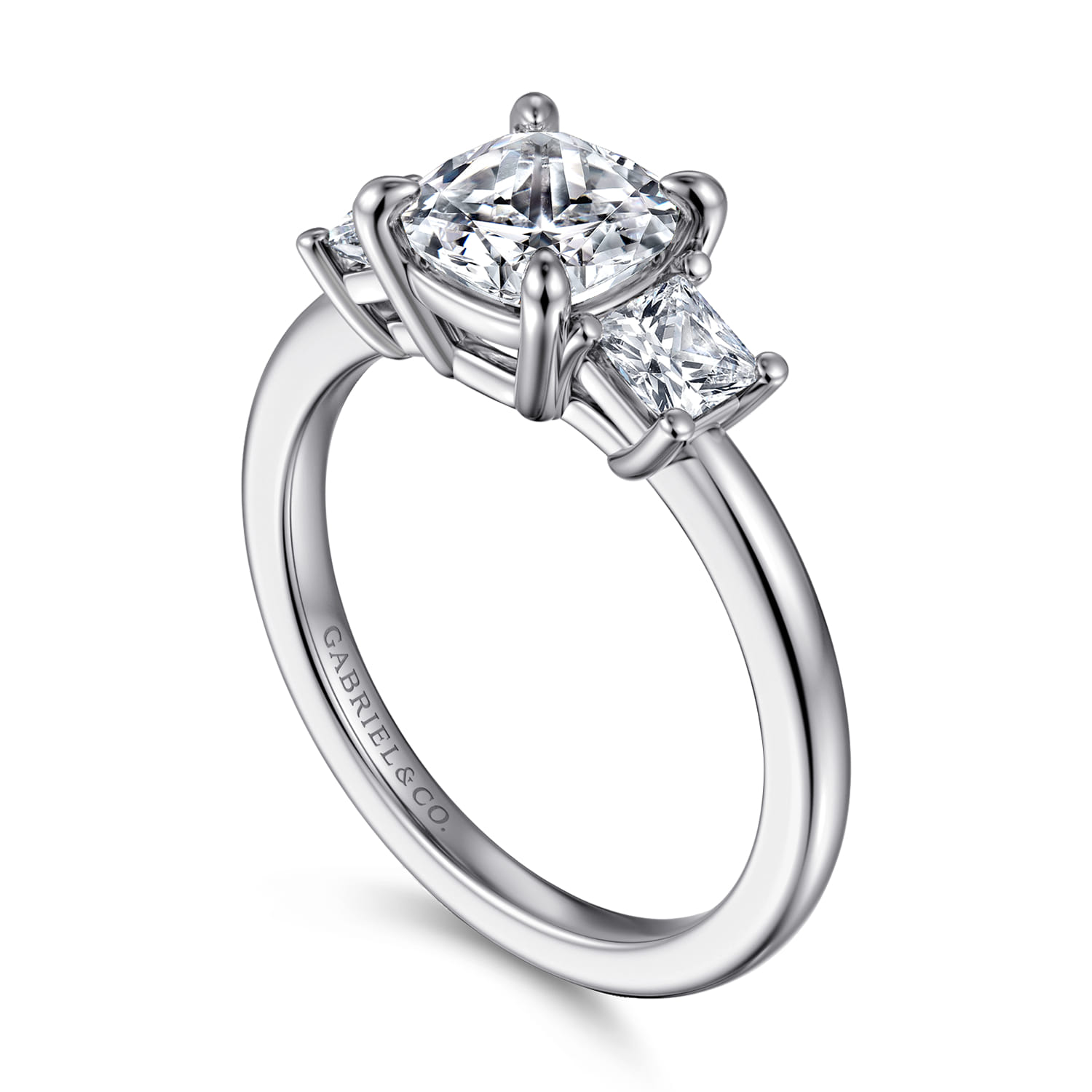 Cushion Three Stone Diamond Engagement Ring in 14K White Gold, photograph 3