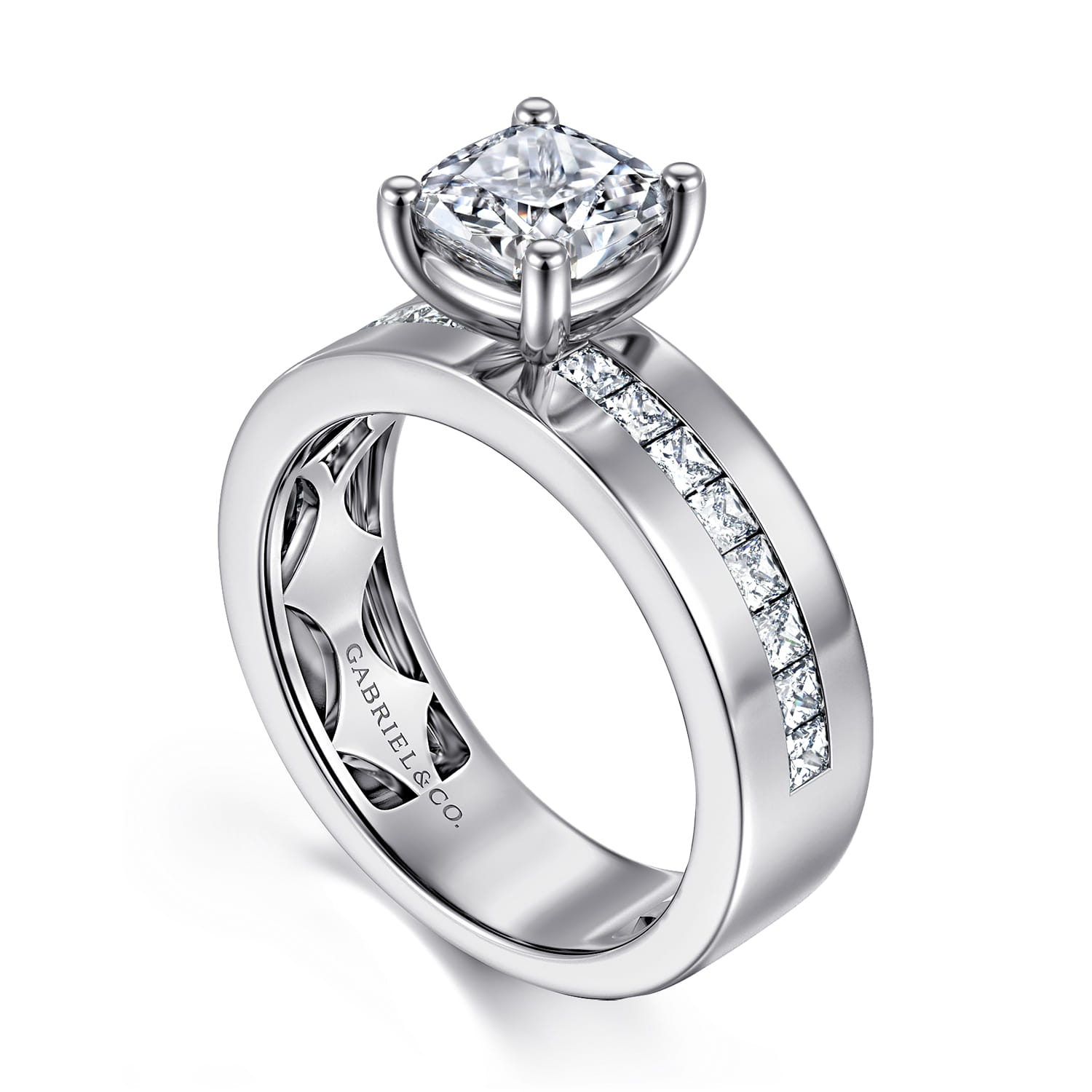 Cushion Wide Band Diamond Engagement Ring in 14K White Gold, photograph 3