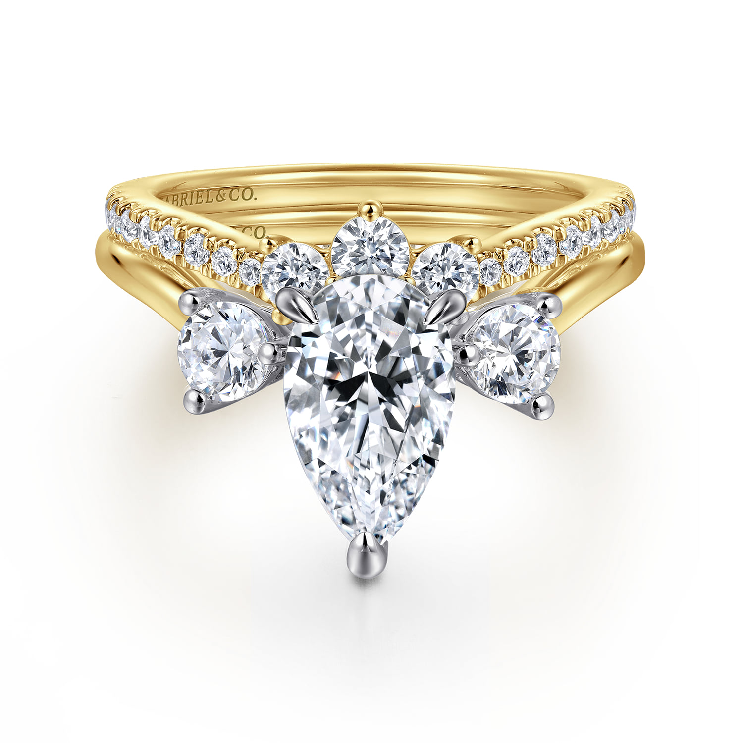 Pear Three Stone Shaped Chevron Engagement Ring in 14K Yellow Gold, photograph 4