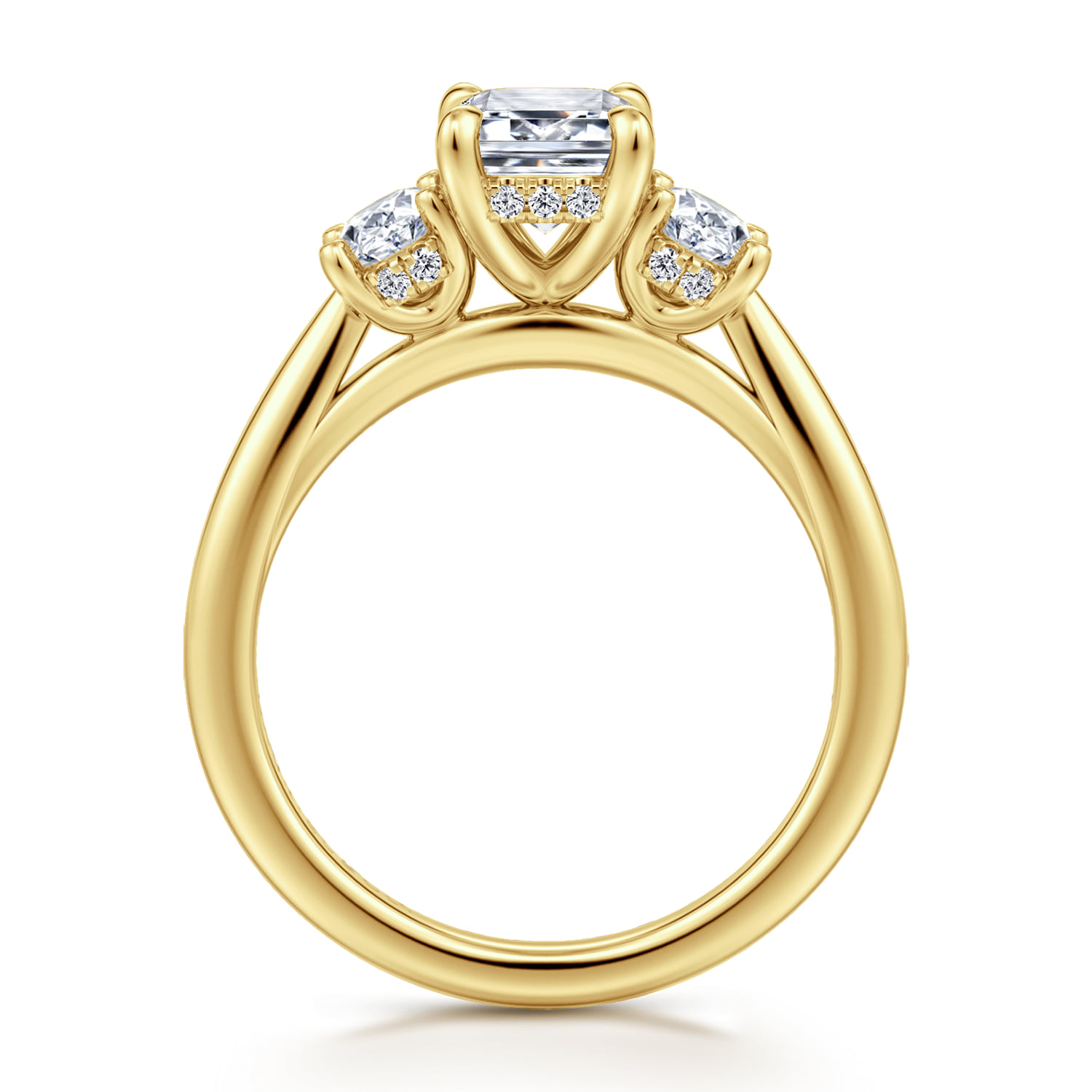 Emerald Three Stone Diamond Engagement Ring in 14K Yellow Gold, photograph 2