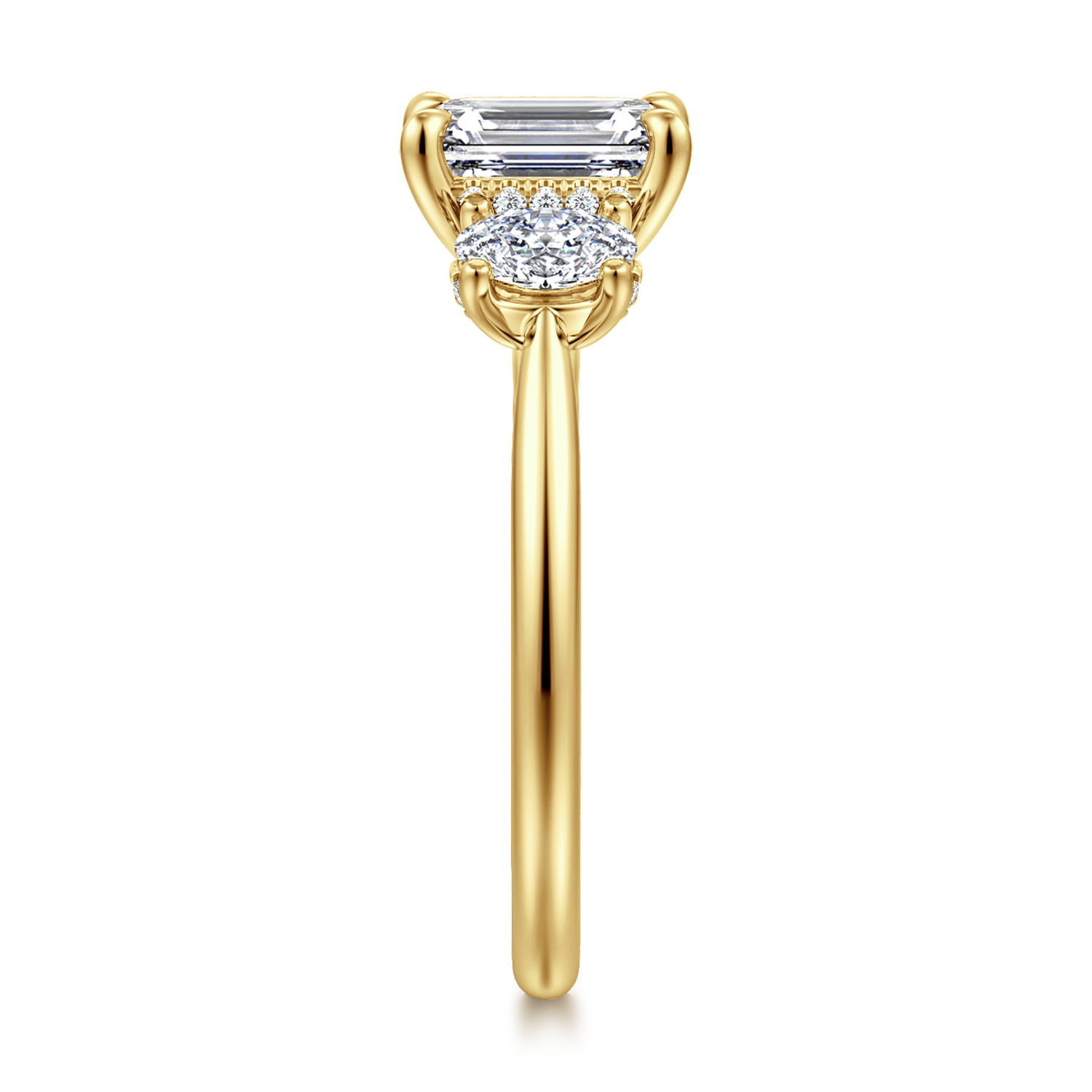 Emerald Three Stone Diamond Engagement Ring in 14K Yellow Gold, photograph 4