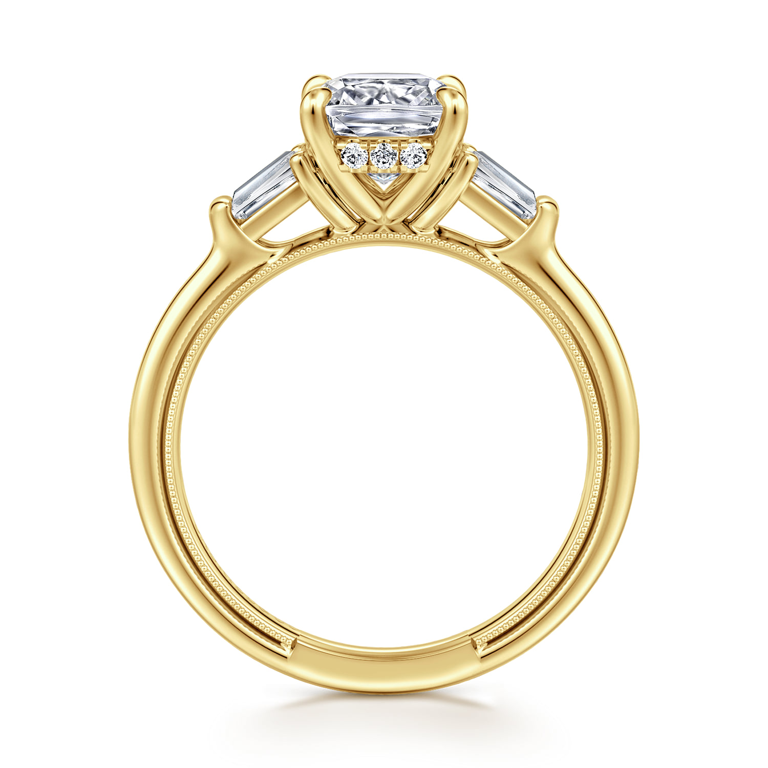 Cushion Three Stone Diamond Engagement Ring in 14K Yellow Gold, photograph 2