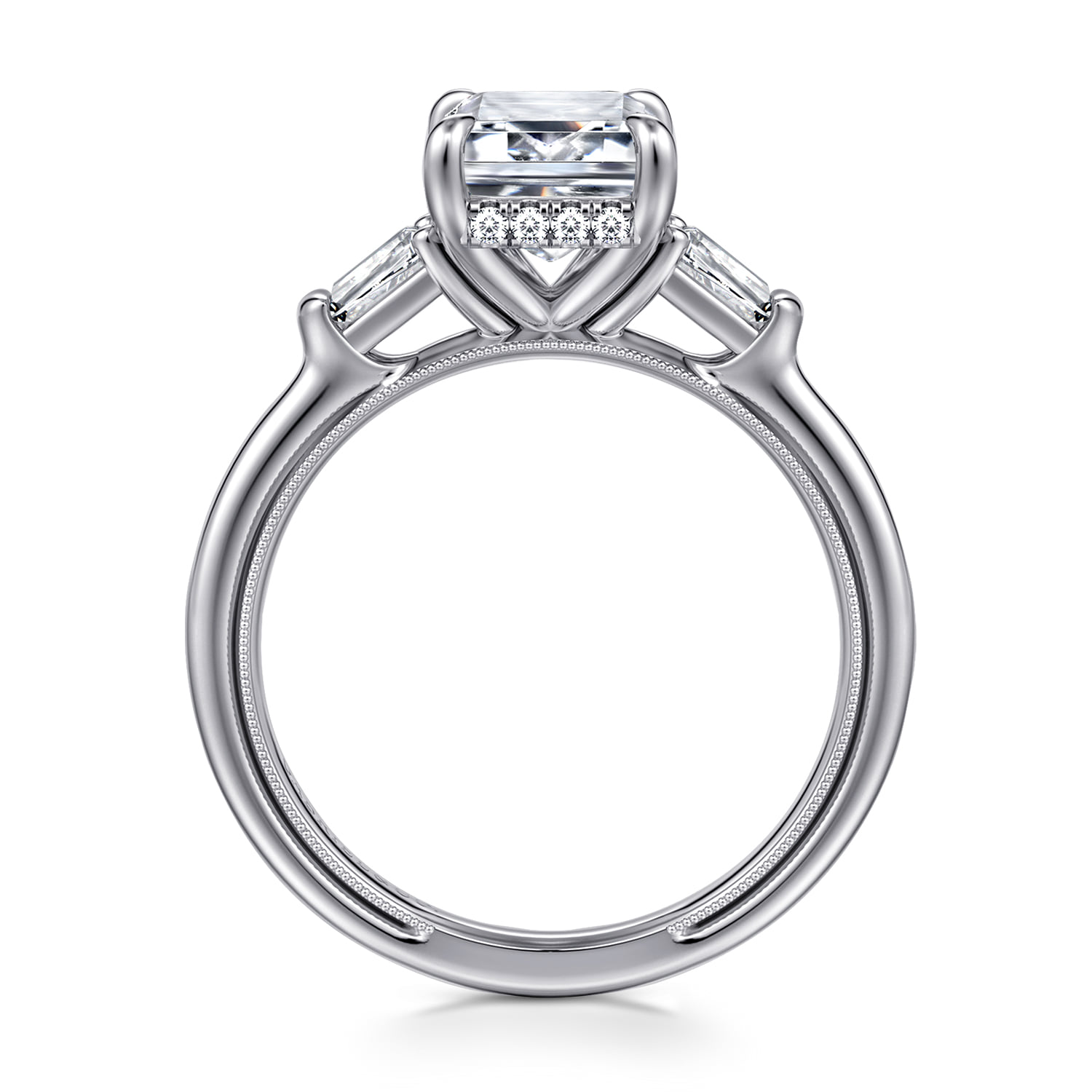 Emerald Three Stone Diamond Engagement Ring in 14K White Gold, photograph 2