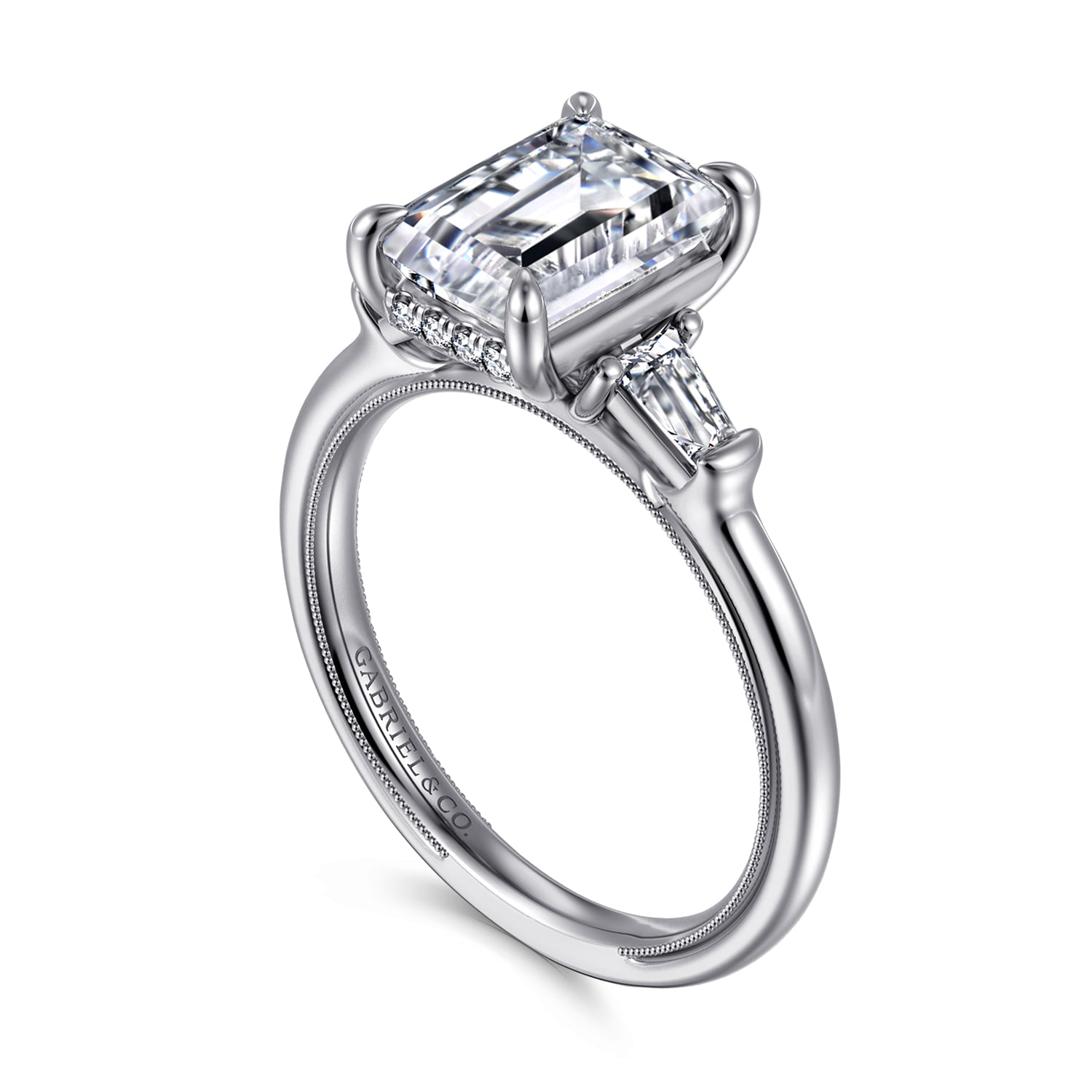 Emerald Three Stone Diamond Engagement Ring in 14K White Gold, photograph 3
