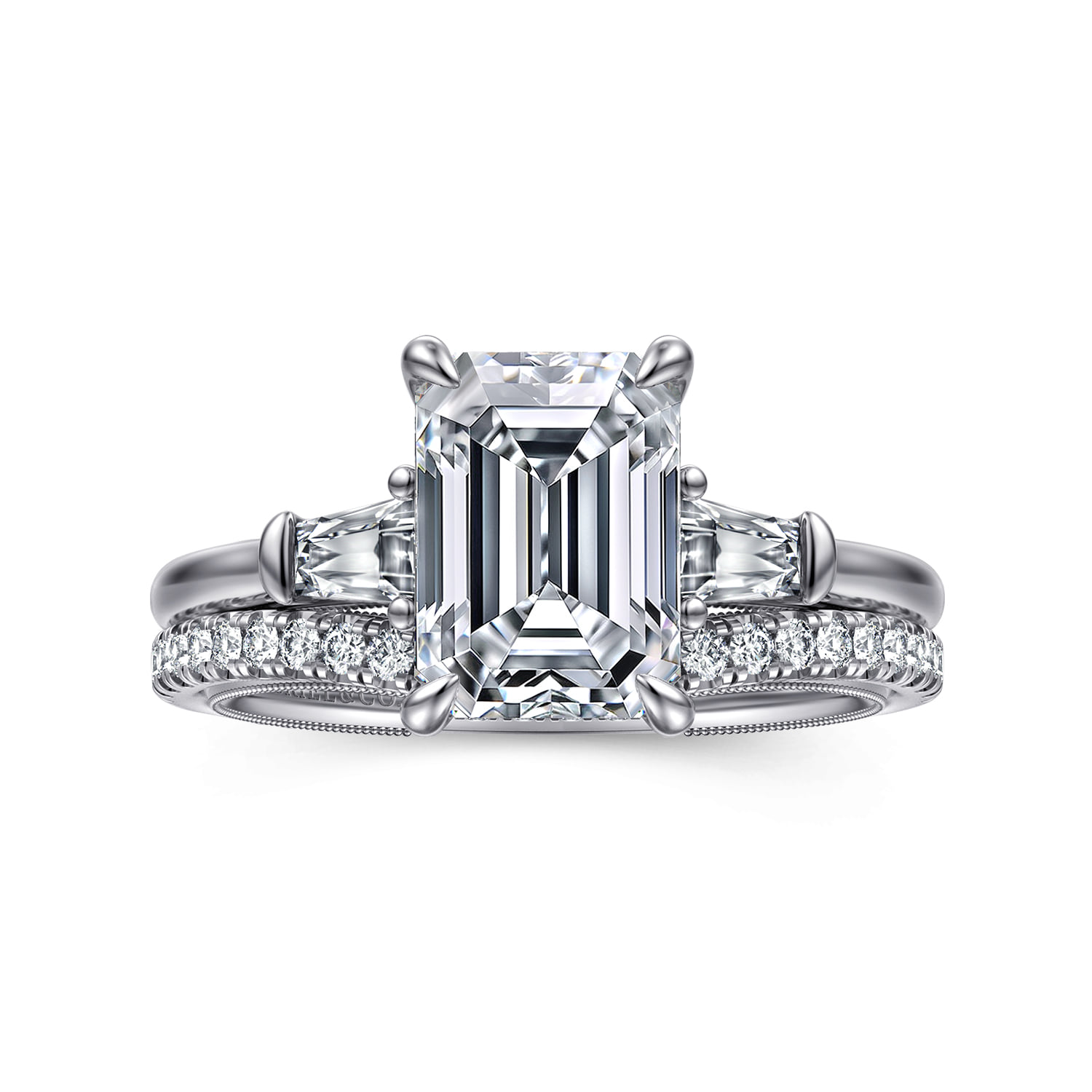 Emerald Three Stone Diamond Engagement Ring in 14K White Gold, photograph 4
