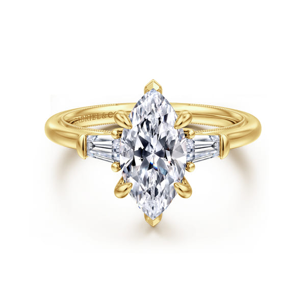 14K Yellow Gold Marquise Shape Three Stone Diamond Engagement Ring
