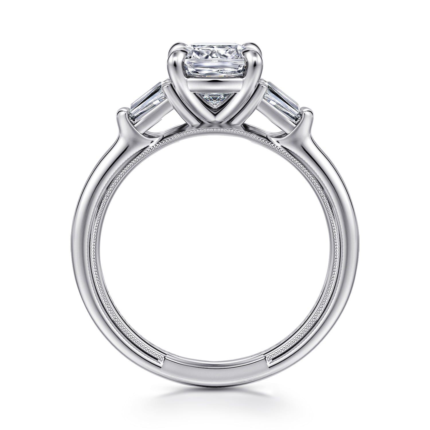 Cushion Three Stone Diamond Engagement Ring in 14K White Gold, photograph 2