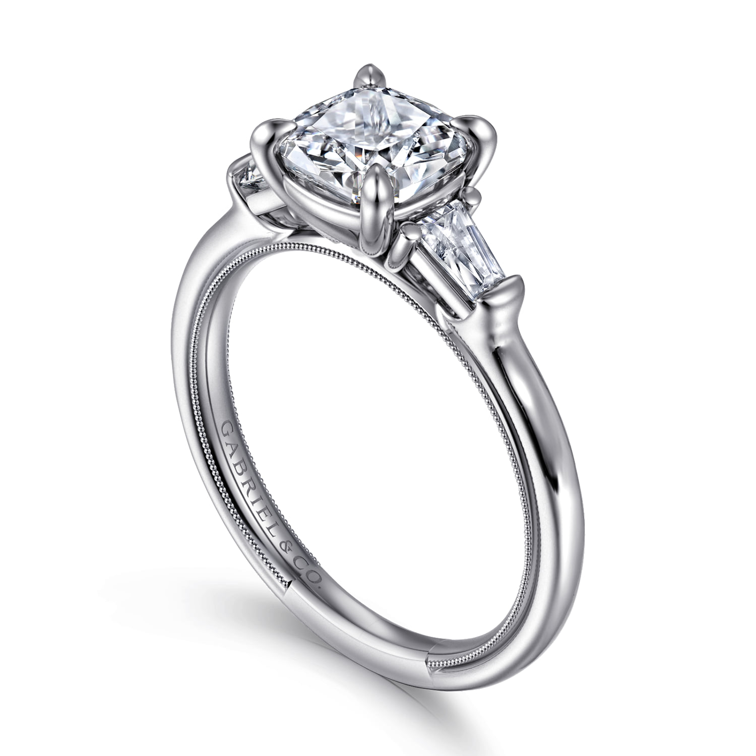 Cushion Three Stone Diamond Engagement Ring in 14K White Gold, photograph 3