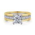 Feah - 14K Yellow-White Gold Wide Band Cushion Cut Diamond Engagement Ring