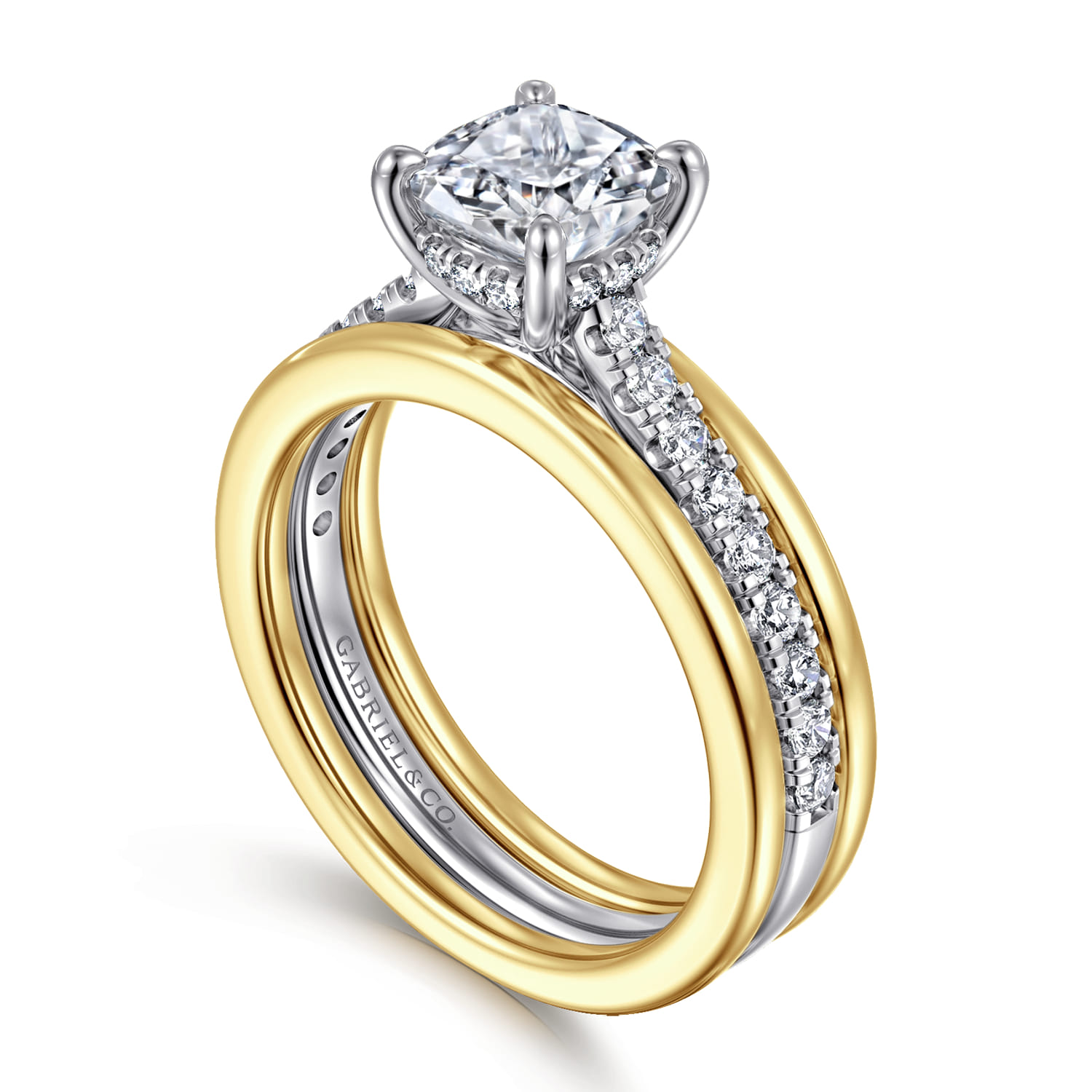 Cushion Wide Band Diamond Engagement Ring in 14K White/Yellow Gold, photograph 3