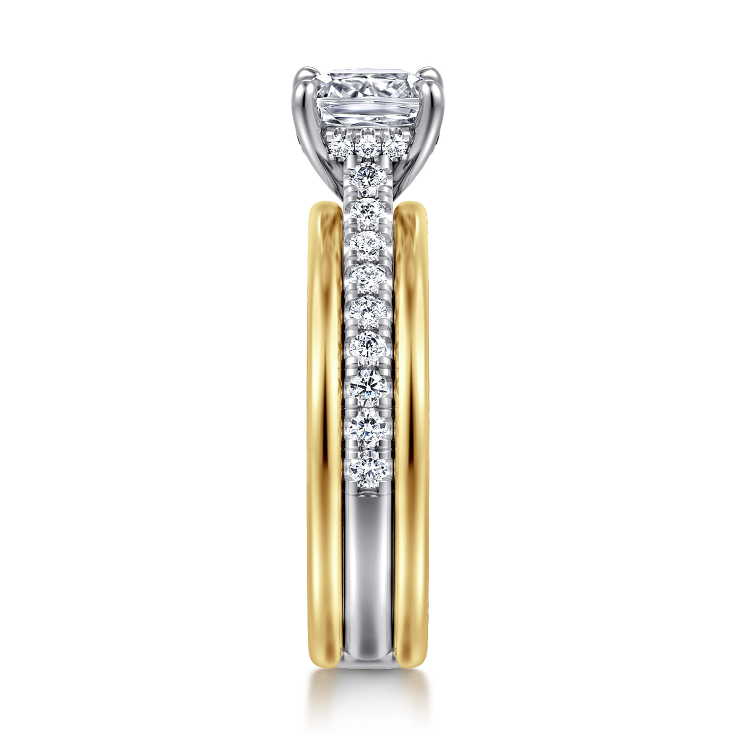 Cushion Wide Band Diamond Engagement Ring in 14K White/Yellow Gold, photograph 4