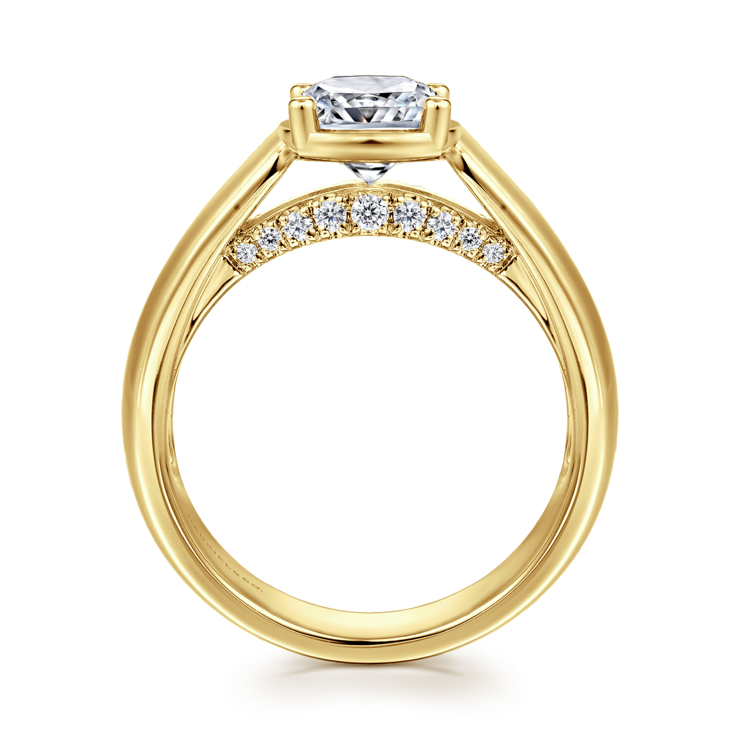 Cushion Bezel Prong Wide Band Diamond Engagement Ring in 14K Yellow Gold, photograph 2