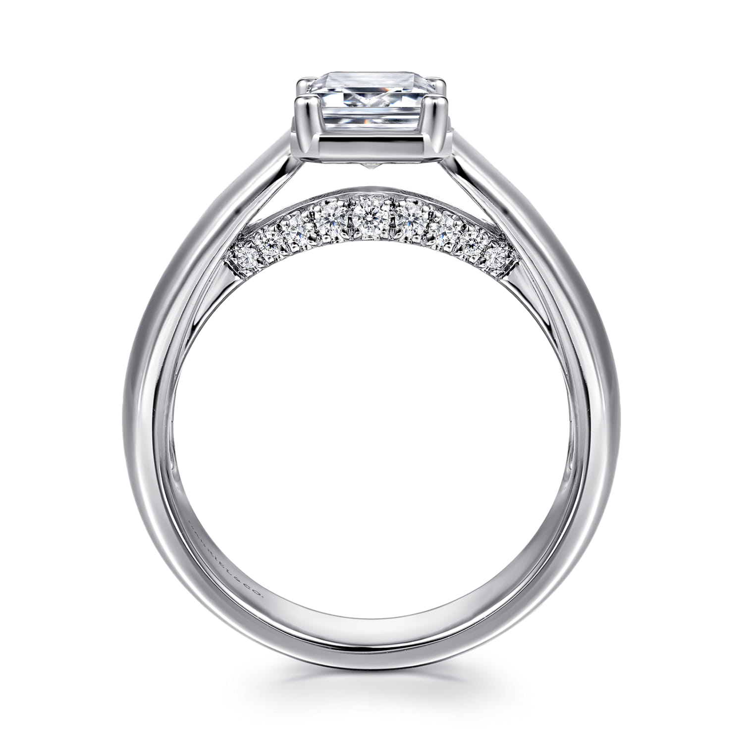 Bezel Prong Wide Band Emerald Diamond Engagement Ring in 14K White Gold, photograph 2