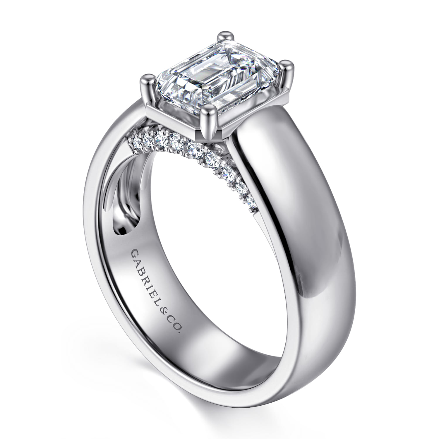 Bezel Prong Wide Band Emerald Diamond Engagement Ring in 14K White Gold, photograph 3