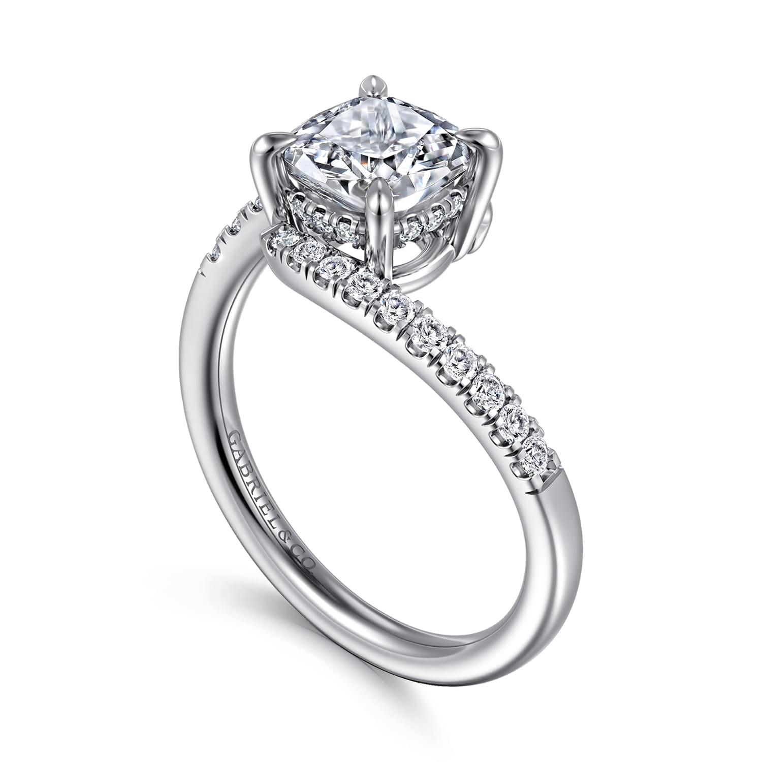 Cushion Bypass Hidden Halo Diamond Engagement Ring in 14K White Gold, photograph 3