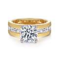 Elsaa - 14K Yellow-White Gold Channel Set Baguette Wide Band Round Diamond Engagement Ring