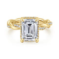 Ama - 14K Yellow Gold Twisted Emerald Cut Halo Diamond Engagement Ring