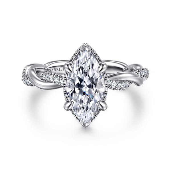 14K White Gold Twisted Marquise Shape Halo Diamond Engagement Ring
