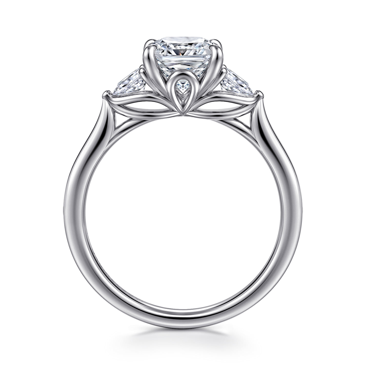 Cushion Three Stone Lotus Diamond Engagement Ring in 14K White Gold, photograph 2