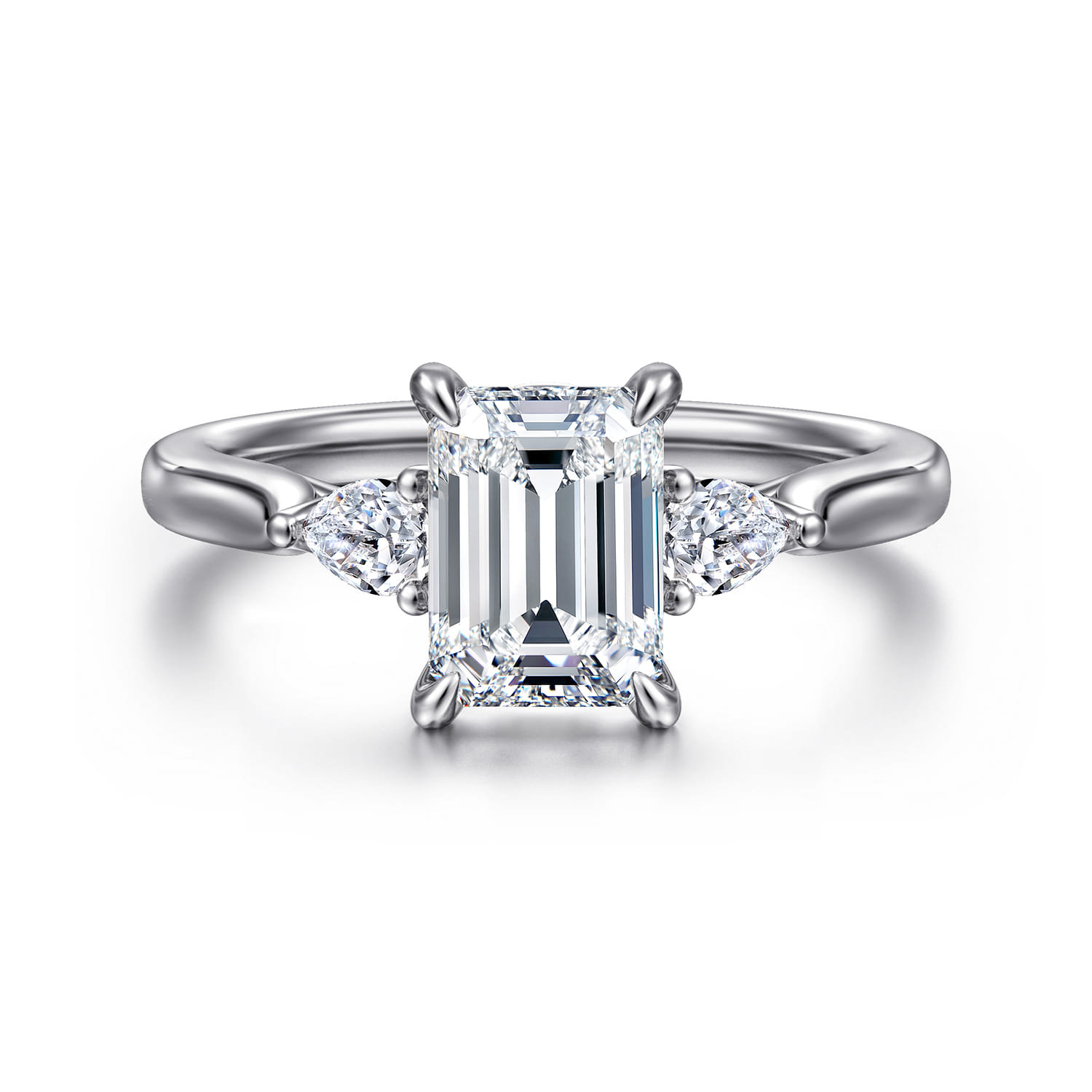 Emerald Three Stone Lotus Diamond Engagement Ring in 14K White Gold