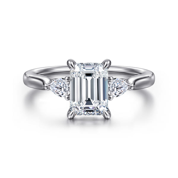 14K White Gold Emerald Cut Three Stone Lotus Diamond Engagement Ring