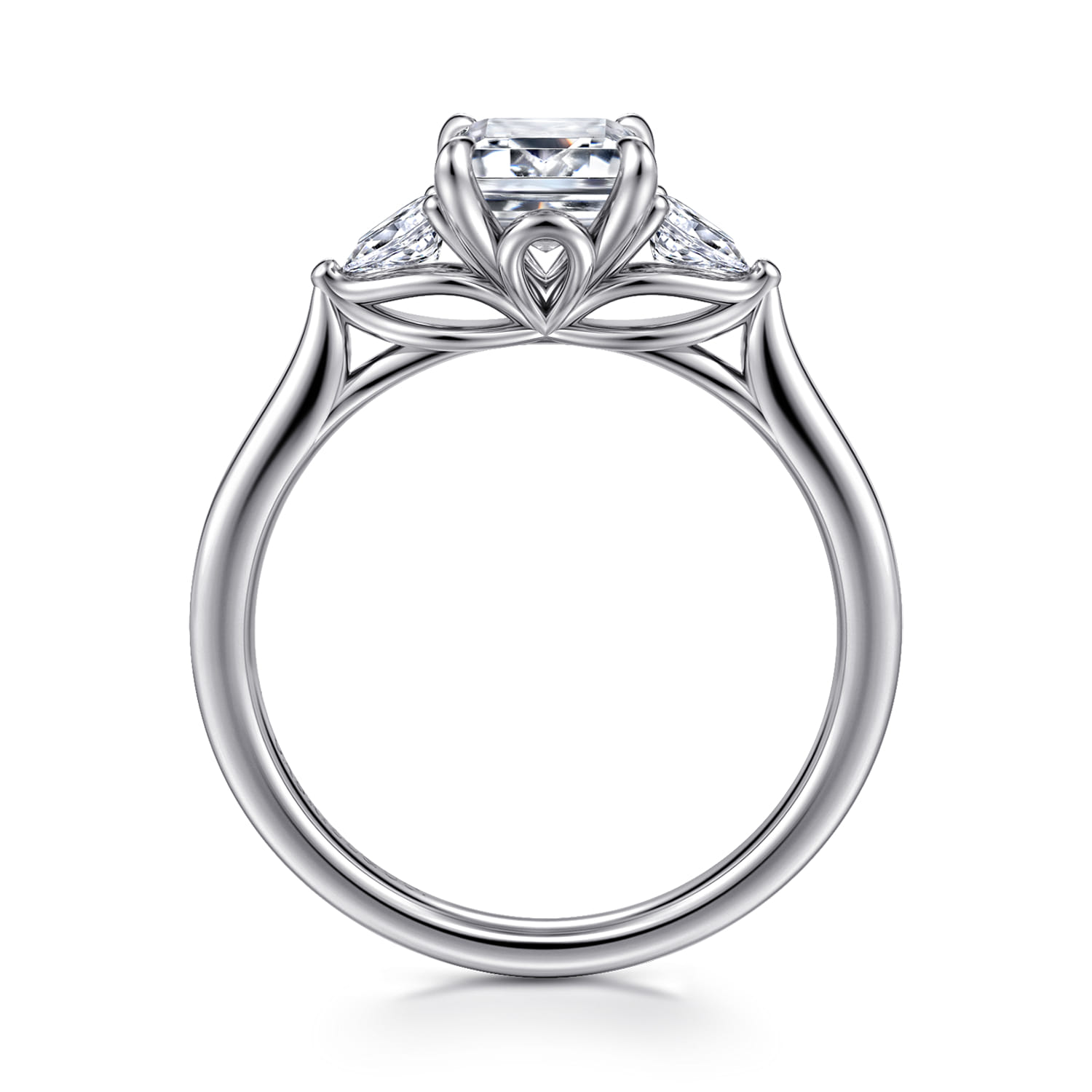 Emerald Three Stone Lotus Diamond Engagement Ring in 14K White Gold, photograph 2