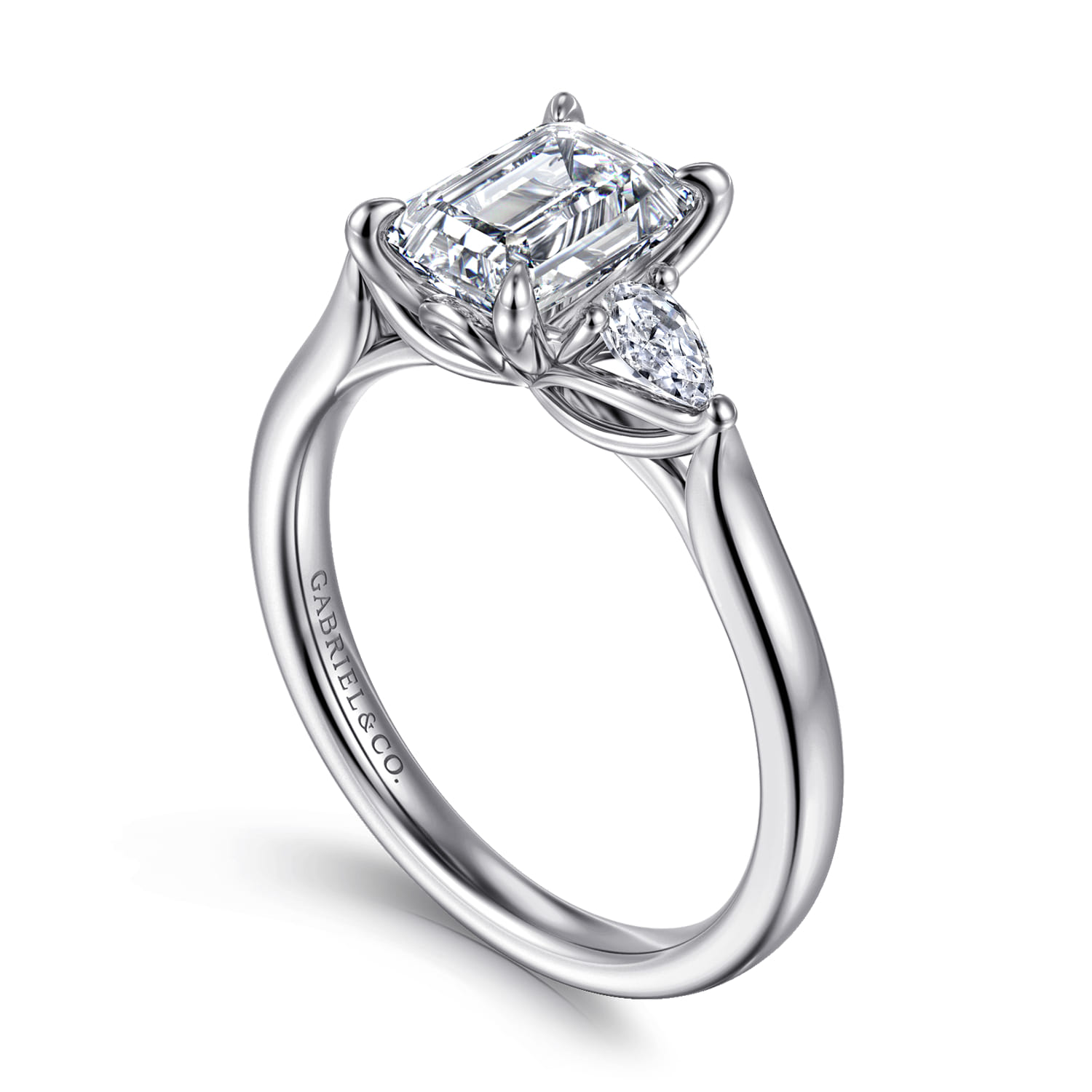 Emerald Three Stone Lotus Diamond Engagement Ring in 14K White Gold, photograph 3