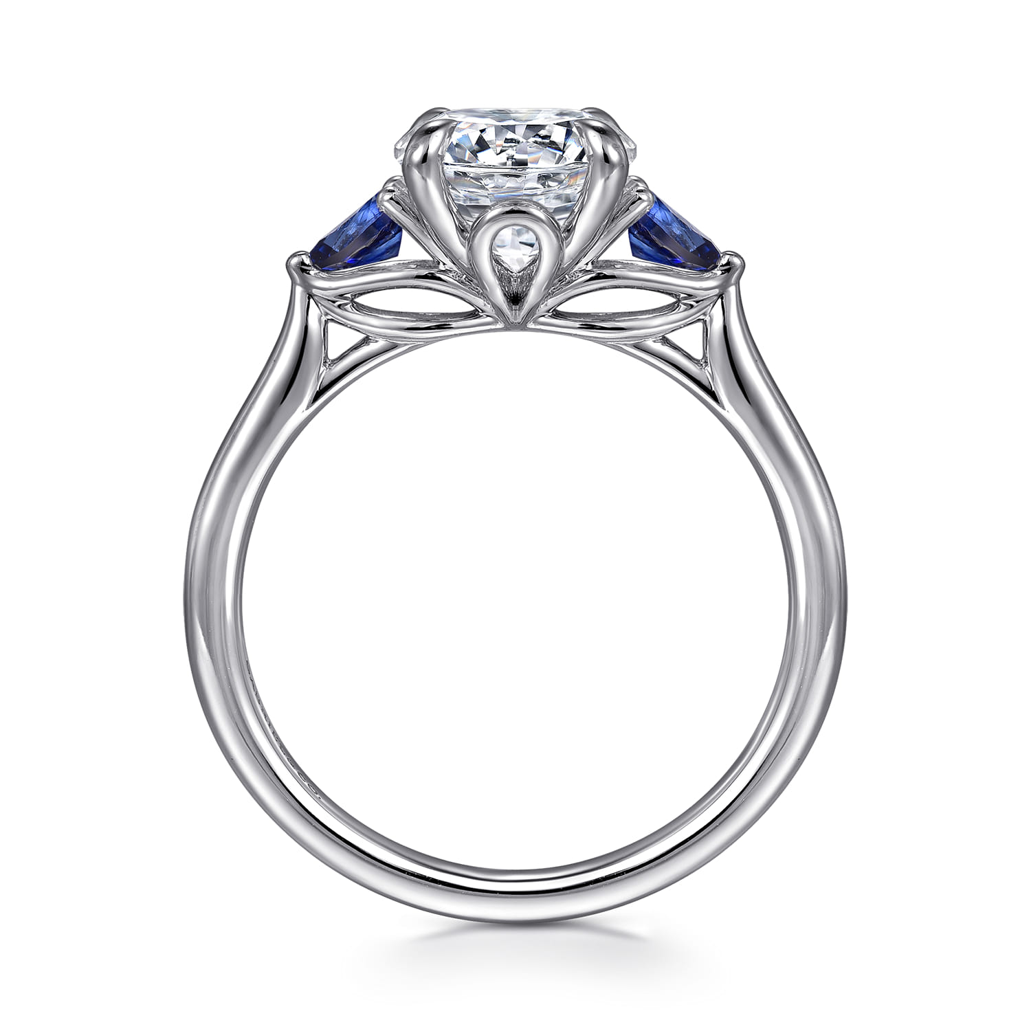 Three Stone Round Lotus Sapphire and Diamond Engagement Ring in 14K White Gold, photograph 2