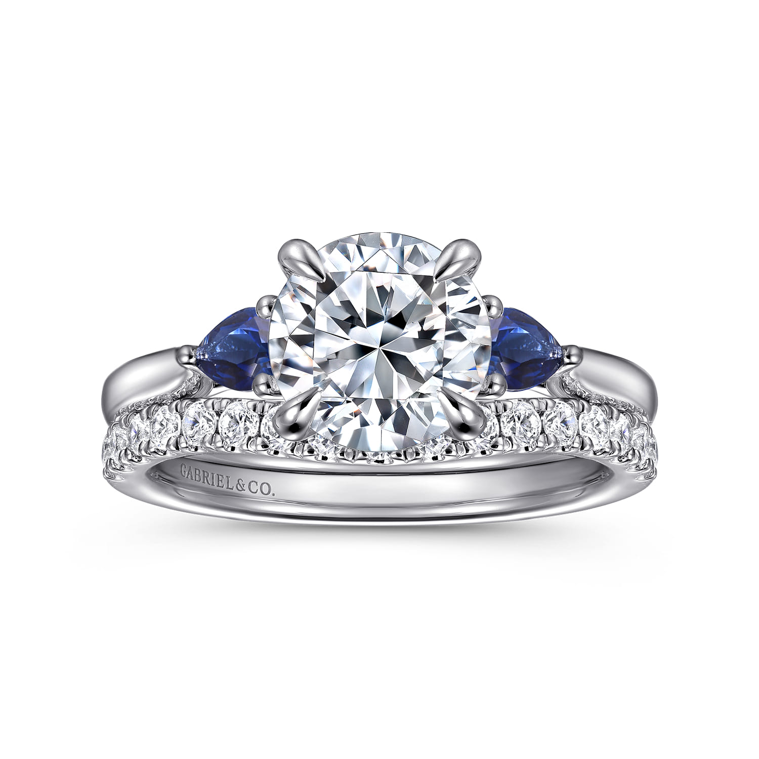Three Stone Round Lotus Sapphire and Diamond Engagement Ring in 14K White Gold, photograph 4