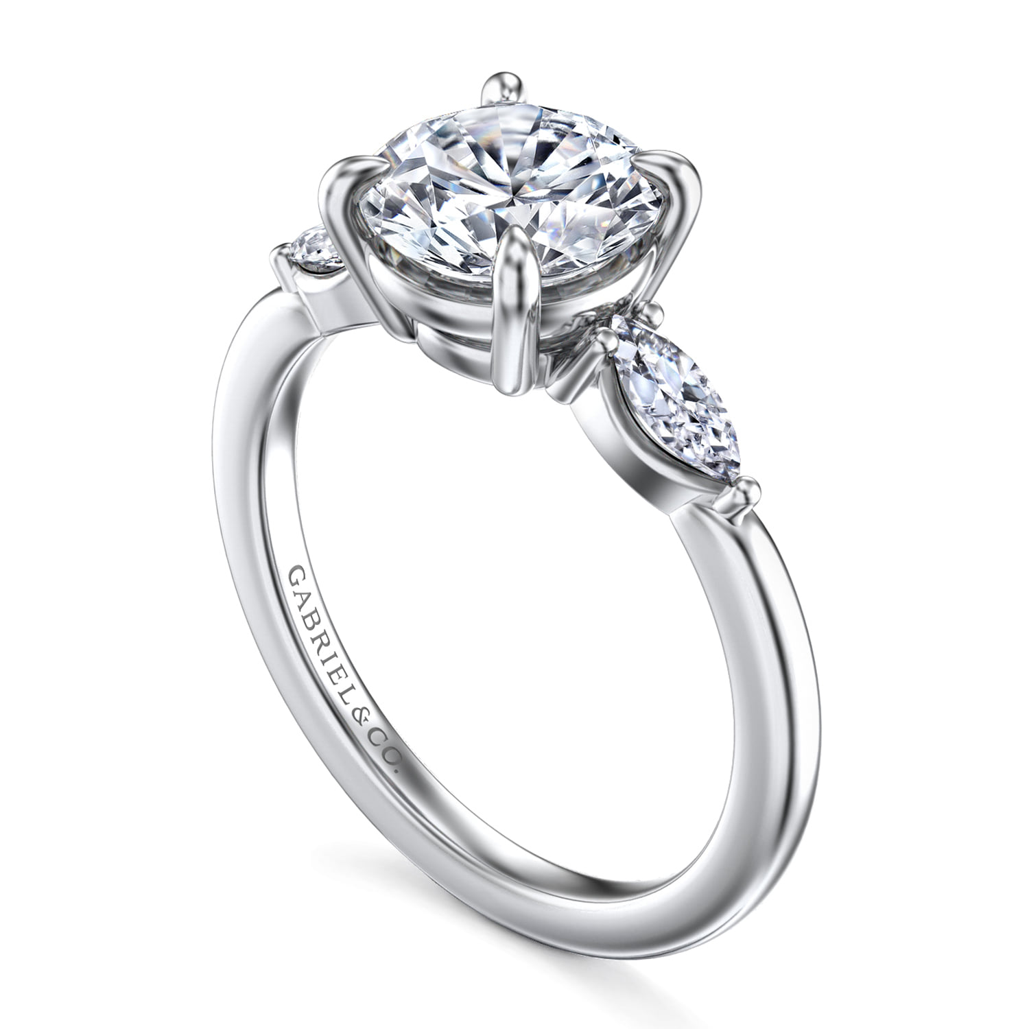 Round Three Stone Diamond Engagement Ring in 14K White Gold, photograph 3
