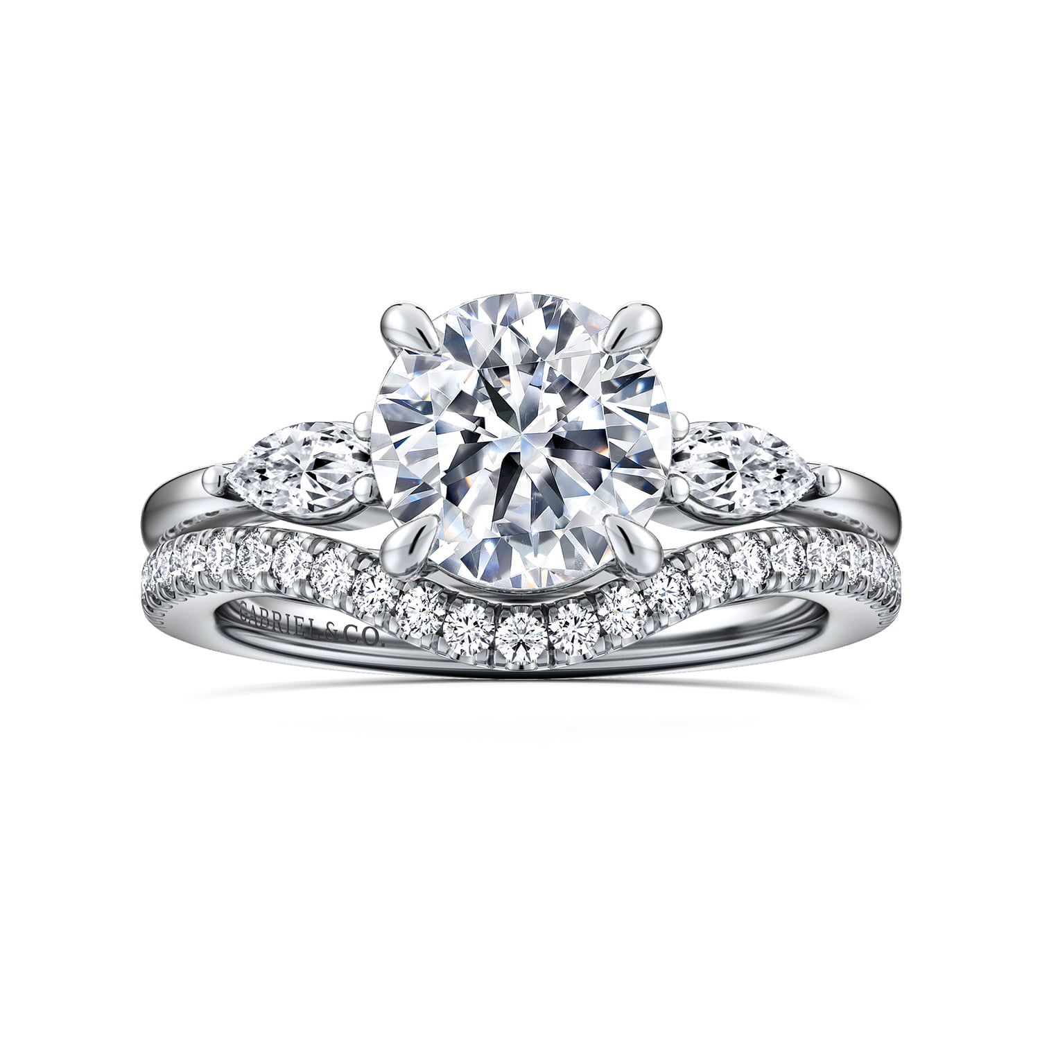 Round Three Stone Diamond Engagement Ring in 14K White Gold, photograph 4