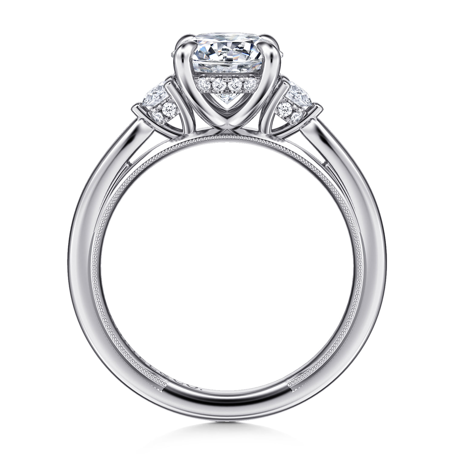 Round Three Stone Diamond Engagement Ring in 14K White Gold, photograph 2
