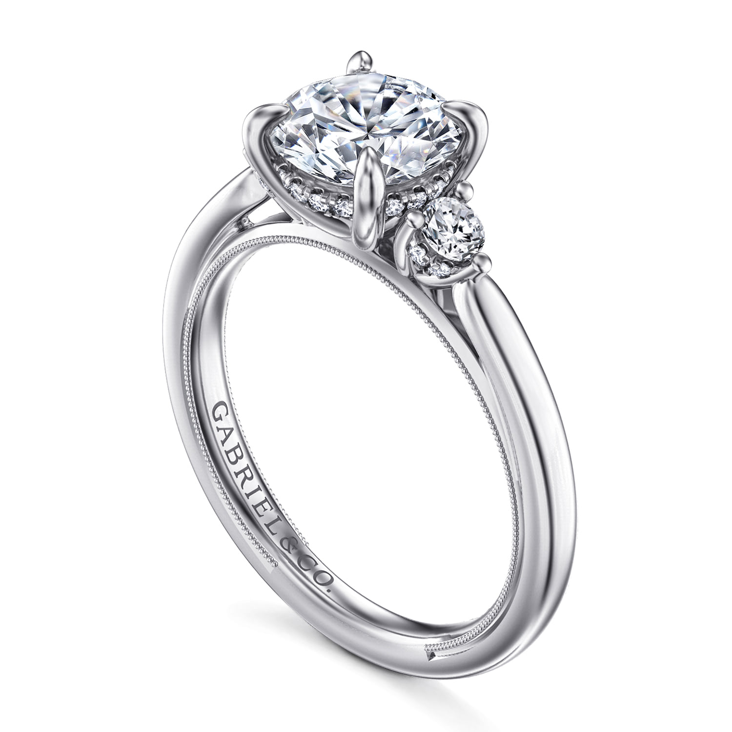 Round Three Stone Diamond Engagement Ring in 14K White Gold, photograph 3