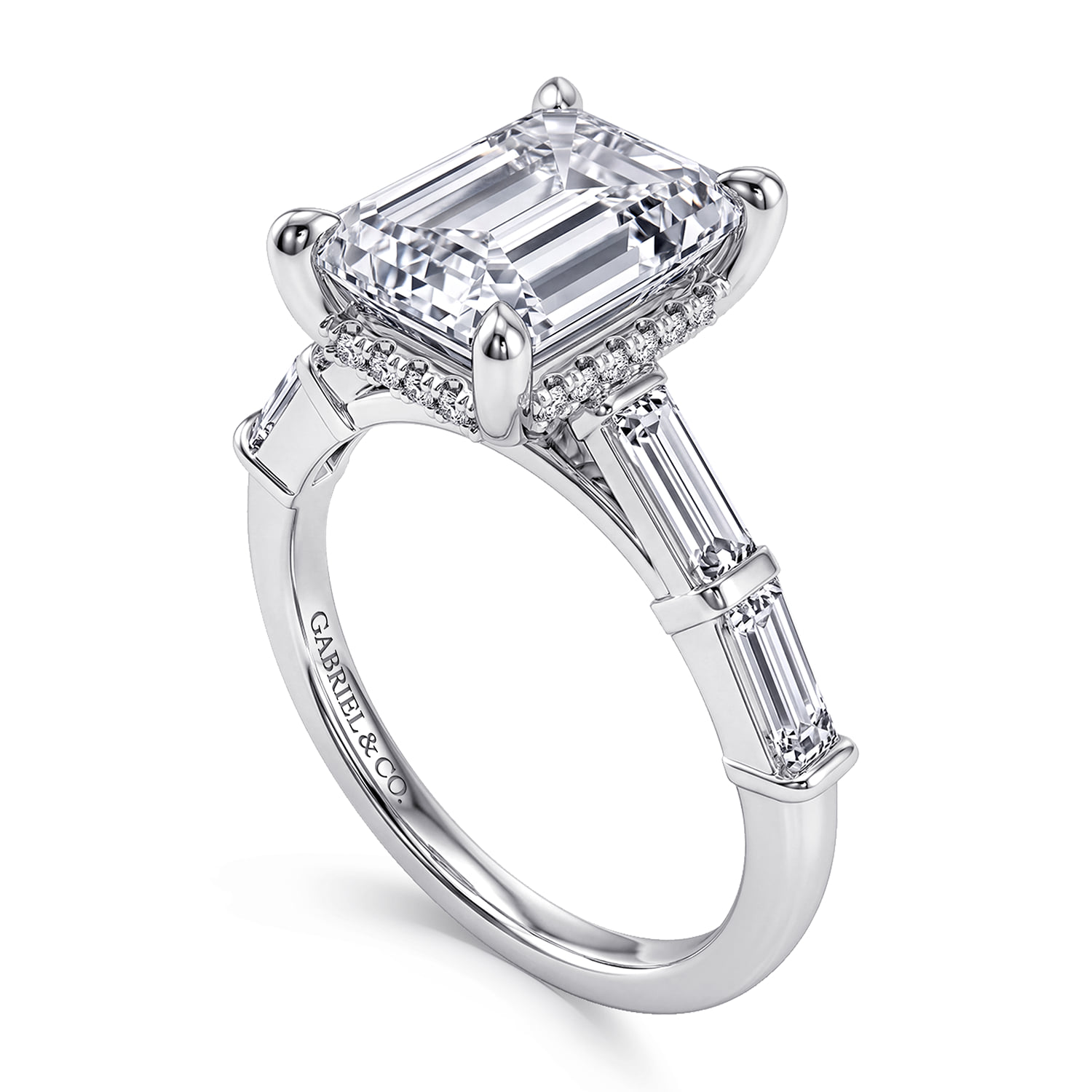 Emerald Five Stone Diamond Engagement Ring in 14K White Gold, photograph 3