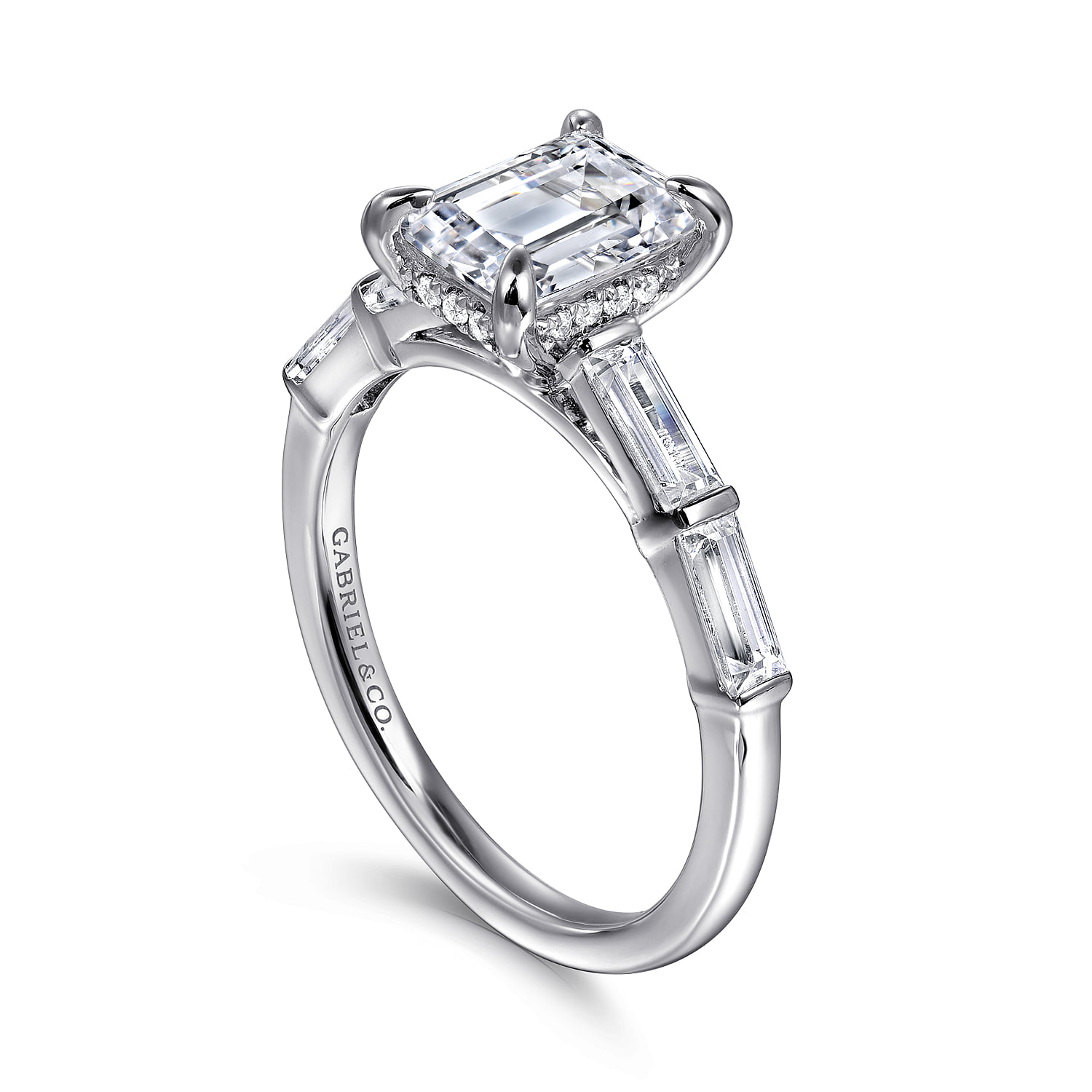 Emerald Five Stone Diamond Engagement Ring in 14K White Gold, photograph 3