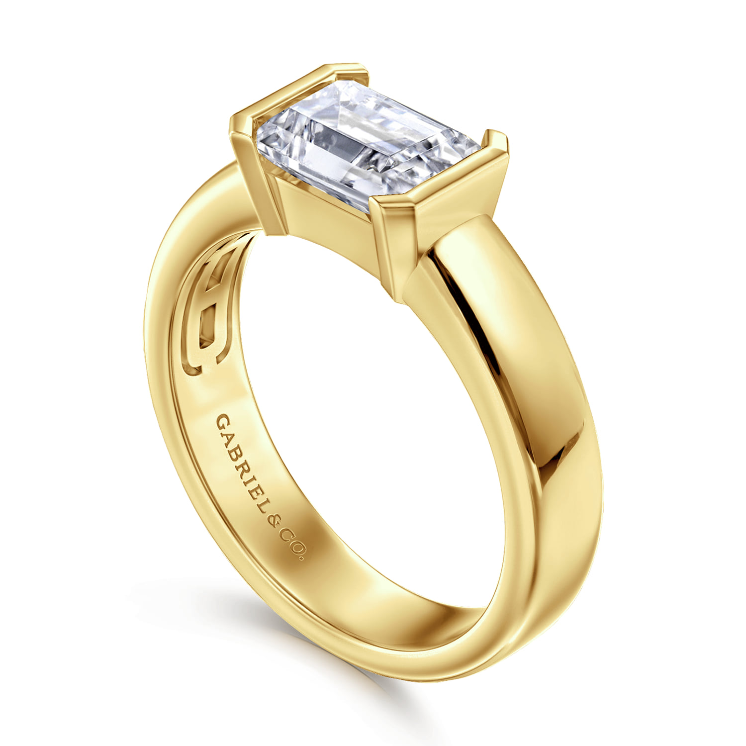 Emerald Half Bezel East West Diamond Engagement Ring in 14K Yellow Gold, photograph 3