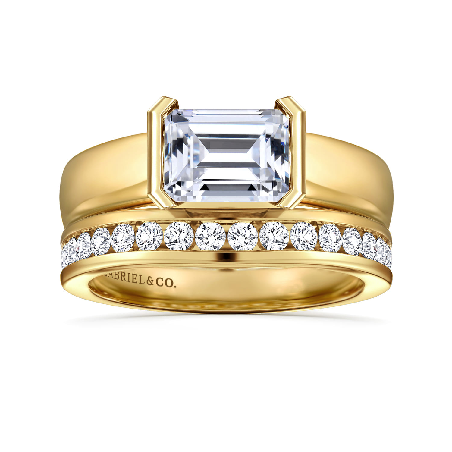 Emerald Half Bezel East West Diamond Engagement Ring in 14K Yellow Gold, photograph 4