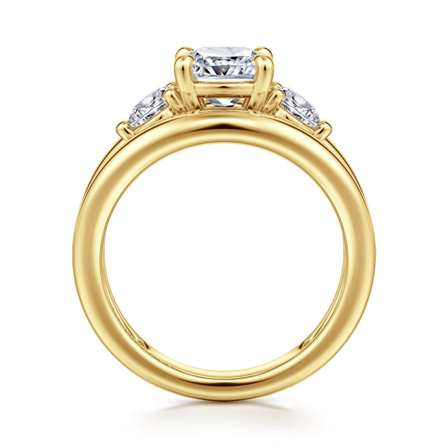 Cushion Three Stone Diamond Engagement Ring in 14K Yellow Gold, photograph 2