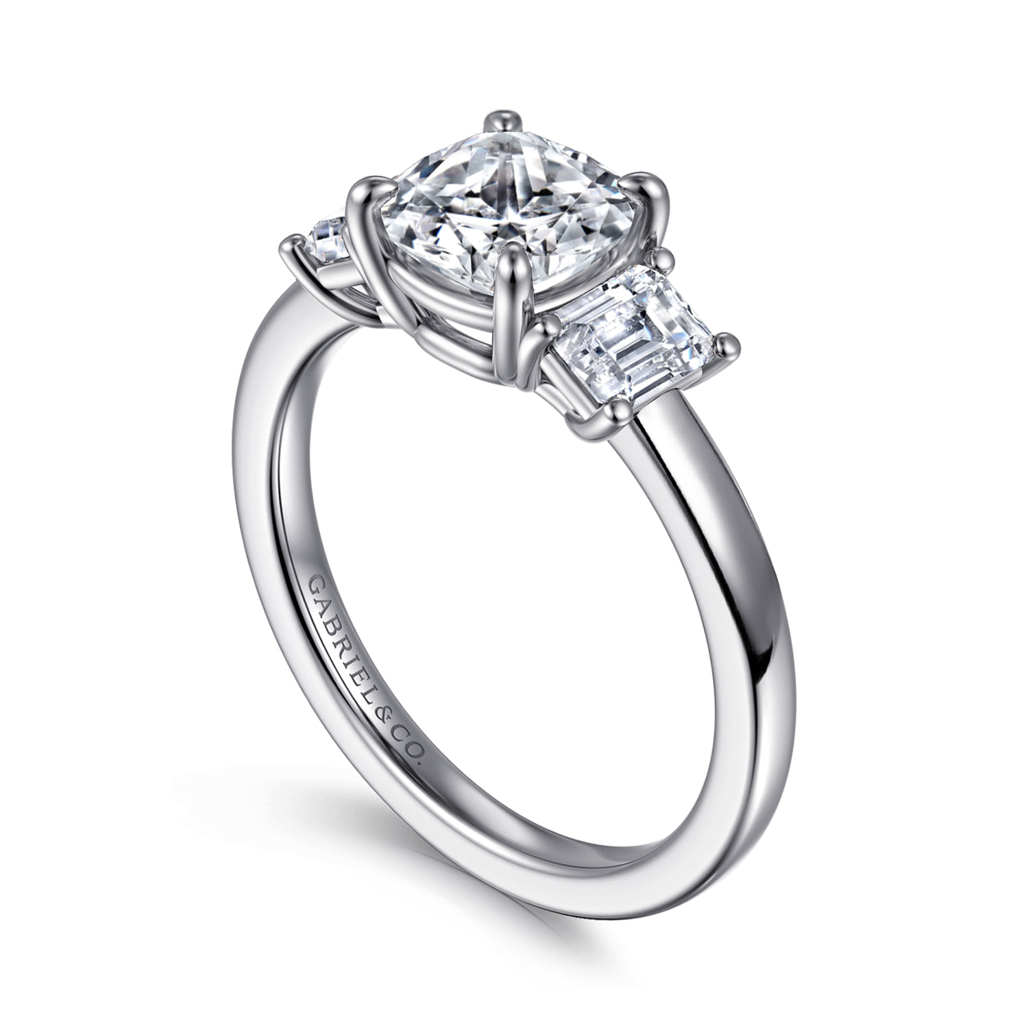 Cushion Three Stone Diamond Engagement Ring in 14K White Gold, photograph 3