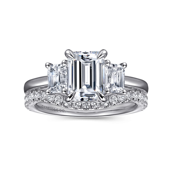 14K White Gold Emerald Cut Three Stone Diamond Engagement Ring