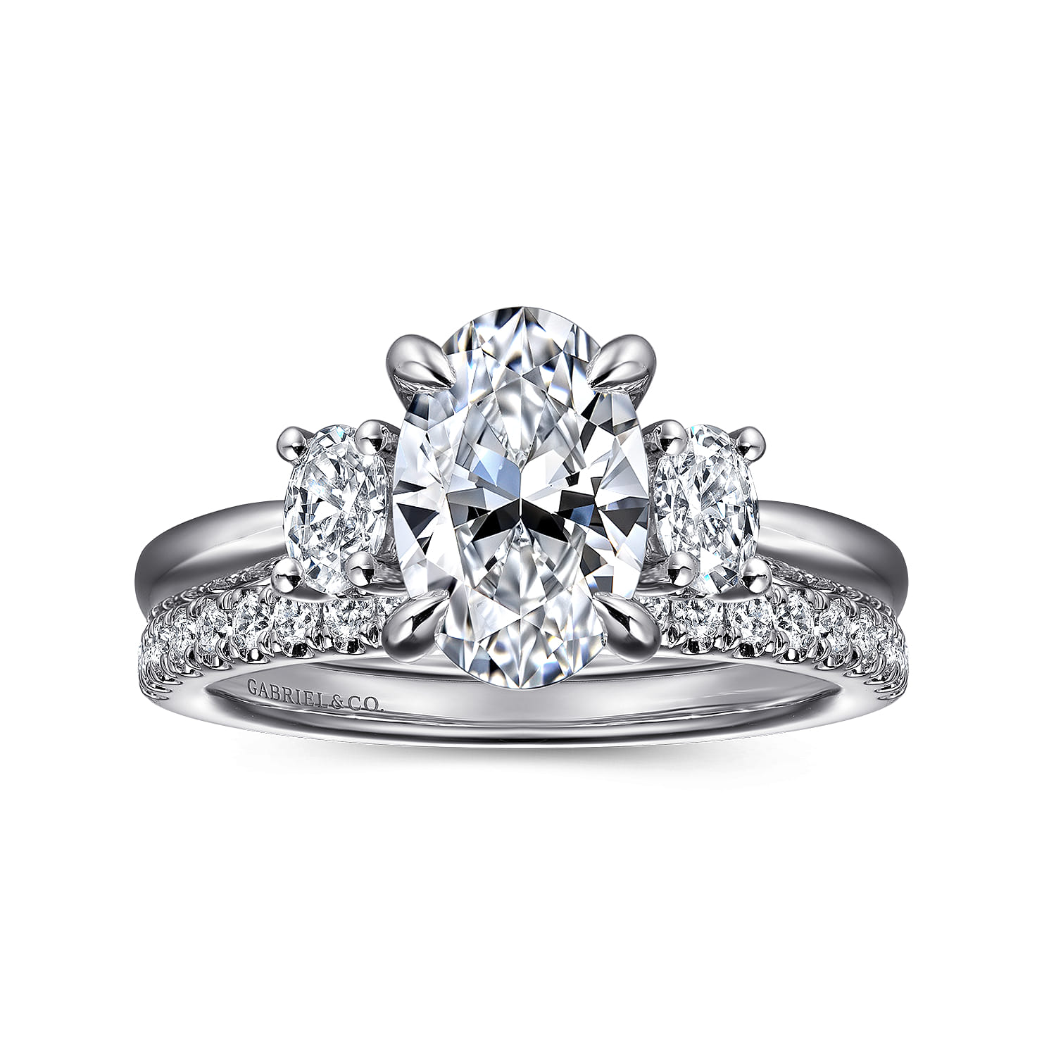 Oval Three Stone Diamond Engagement Ring in 14K White Gold, photograph 4