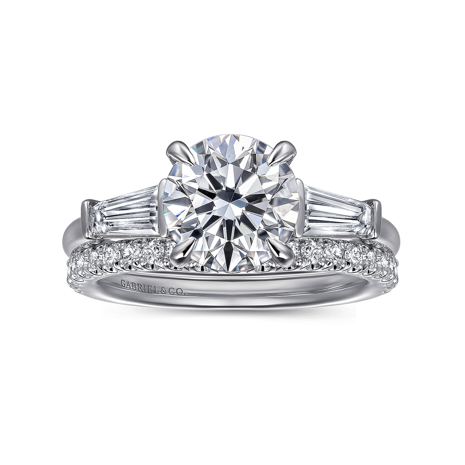 Round Three Stone Diamond Engagement Ring in 14K White Gold, photograph 4