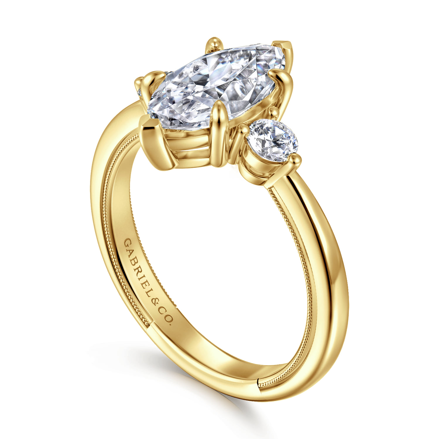 Marquise Three Stone Diamond Engagement Ring in 14K Yellow Gold, photograph 3
