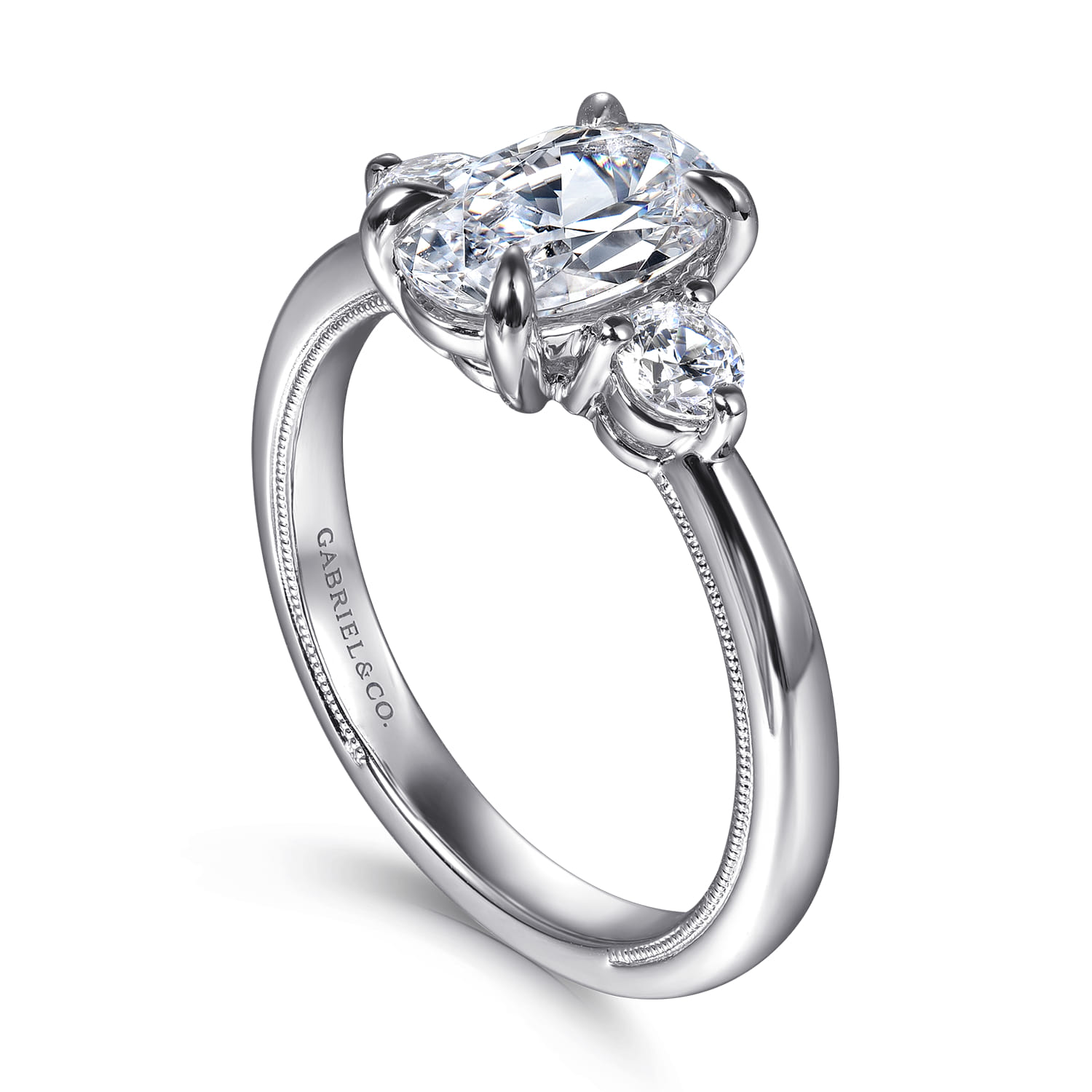 Oval Three Stone Diamond Engagement Ring in 14K White Gold, photograph 3