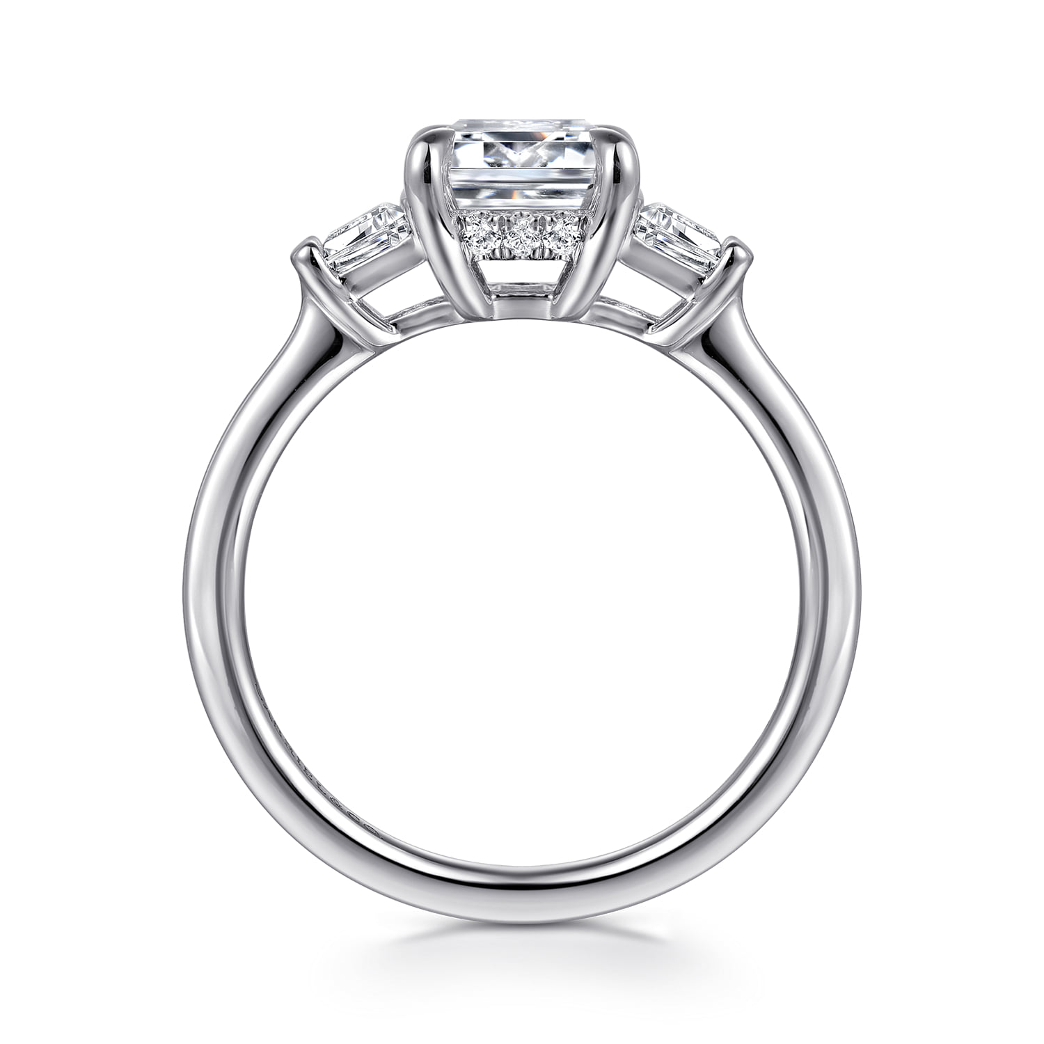 Emerald Three Stone Diamond Engagement Ring in 14K White Gold, photograph 2