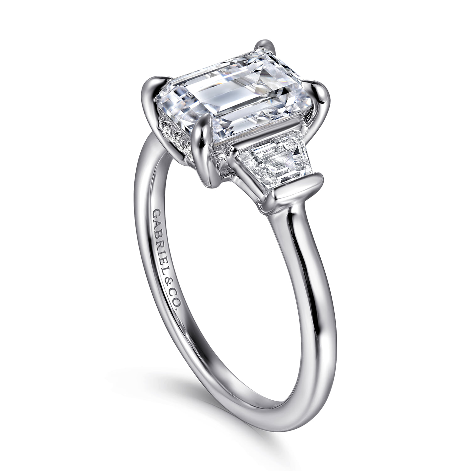 Emerald Three Stone Diamond Engagement Ring in 14K White Gold, photograph 3