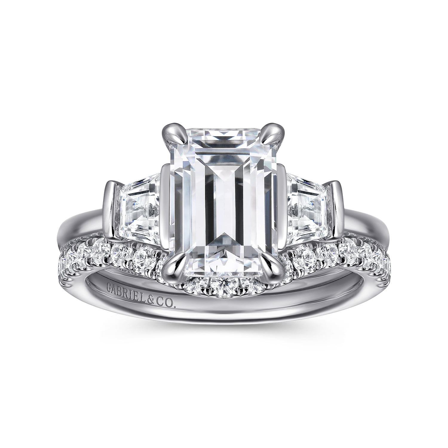 Emerald Three Stone Diamond Engagement Ring in 14K White Gold, photograph 4