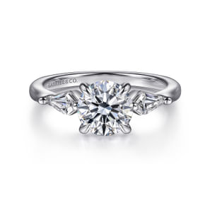 Kristen - 14K White Gold Round Three Stone Diamond Engagement Ring with Kite Side Stones