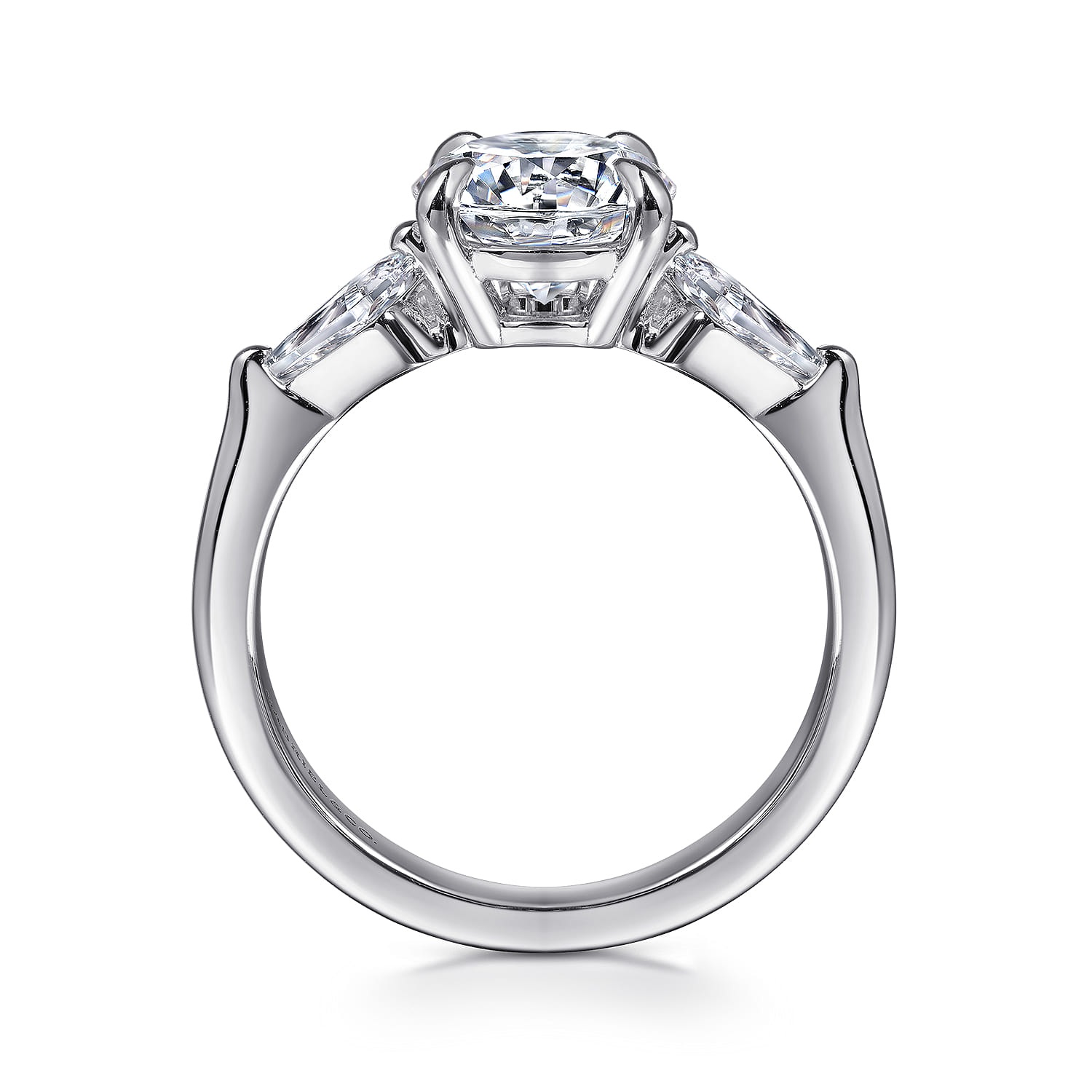 Round Three Stone Diamond Engagement Ring with Kite Side Stones in 14K White Gold, photograph 2