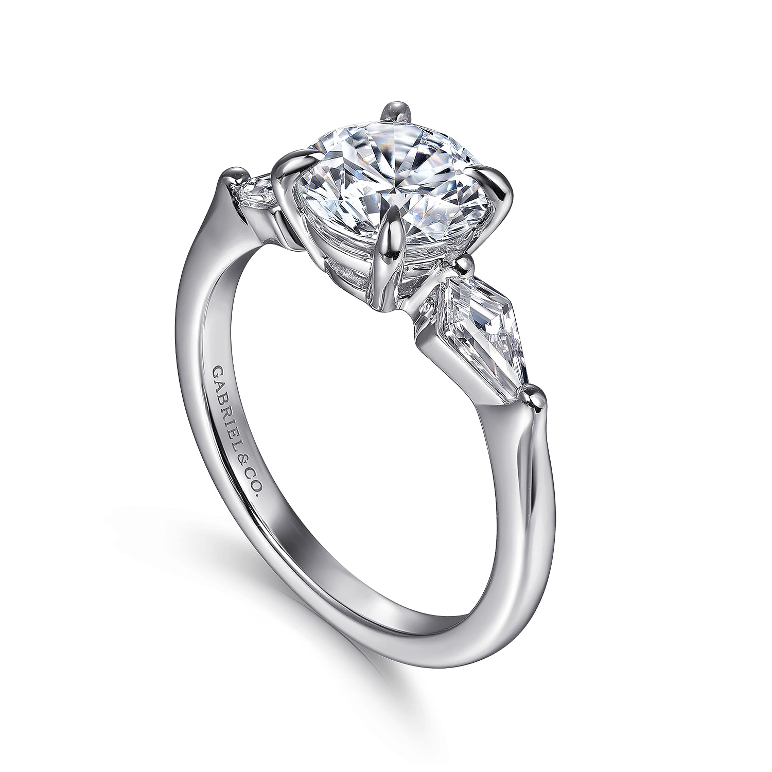 Round Three Stone Diamond Engagement Ring with Kite Side Stones in 14K White Gold, photograph 3